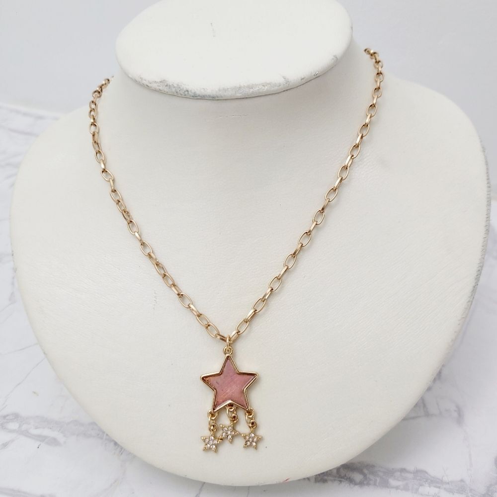Brand New Gold Tone Pink Stars Necklace